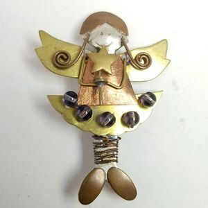 Vintage Handmade Metal Angel Shape Brooch, Brass Color, Unique Design, Guardian